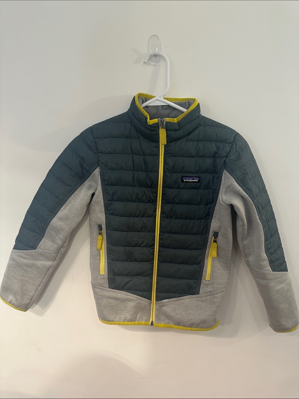 Patagonia Kids Jacket in Dark Green, Light Gray & Yellow Trim